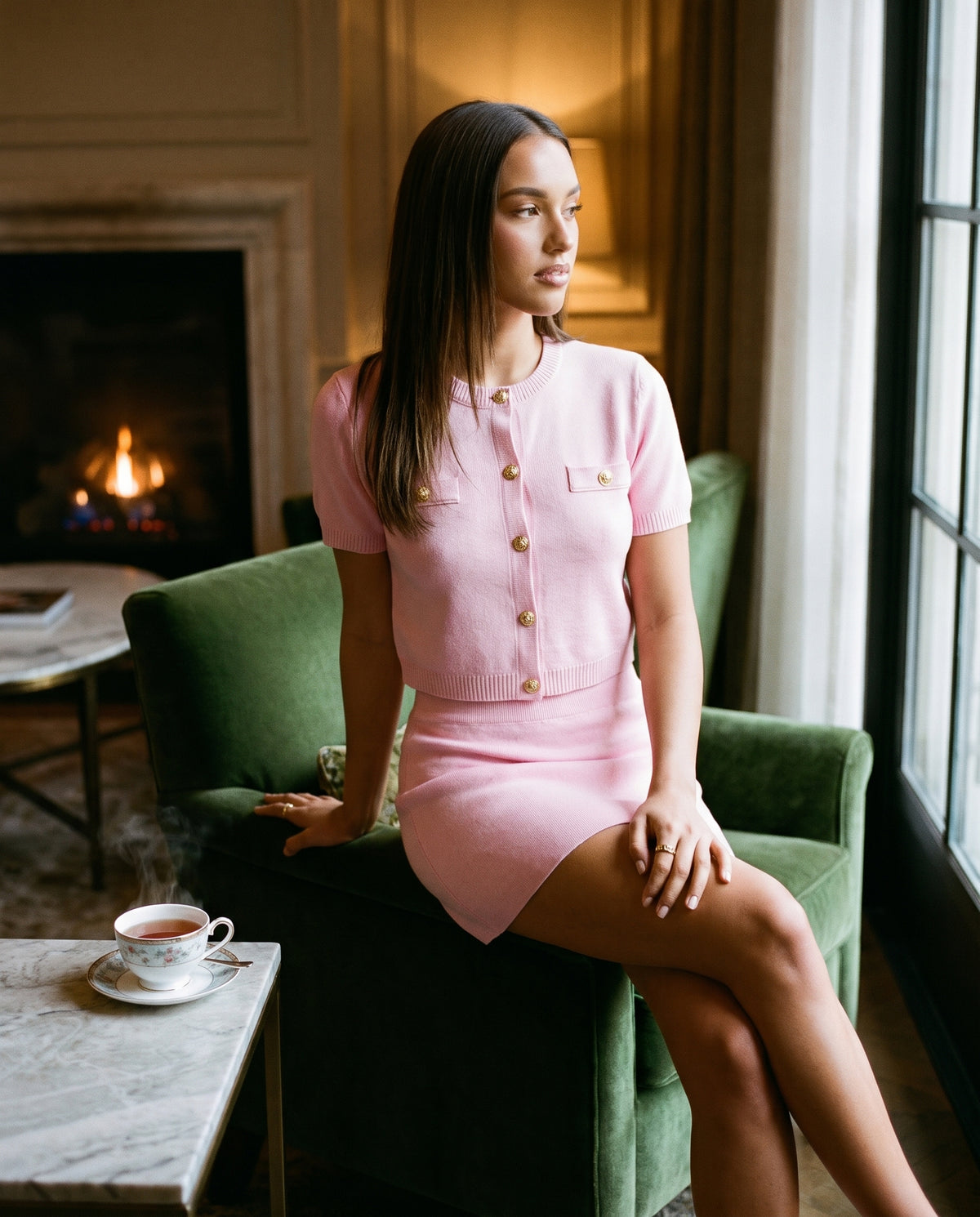 Gracie Gold Button Knit Co-ord Set - Pink - lifestyle