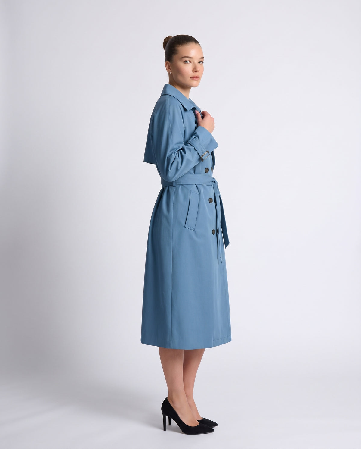 Saskia longline belted trench coat in Blue - front view 2