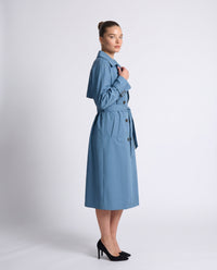 Saskia longline belted trench coat in Blue - front view 2