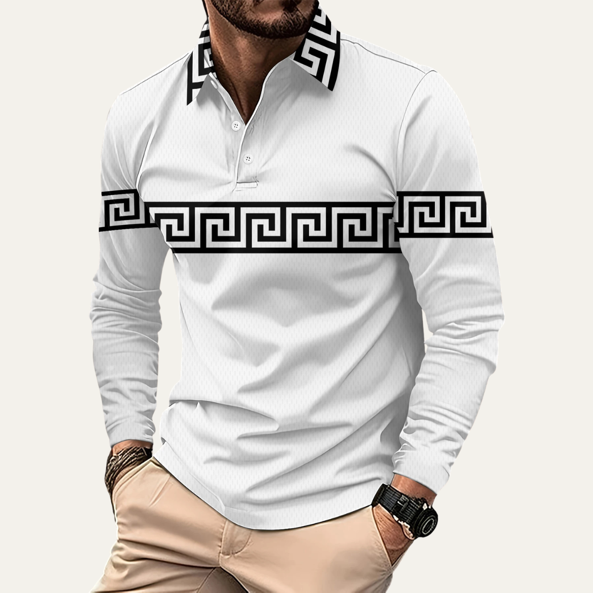 Somerset Greek key long sleeve polo shirt in White