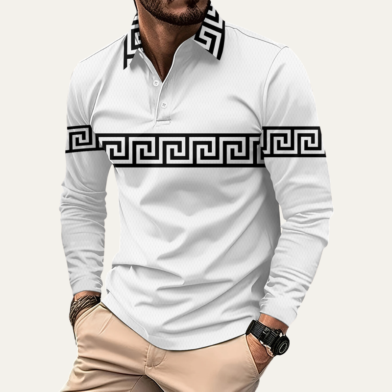 Somerset Greek key long sleeve polo shirt in White