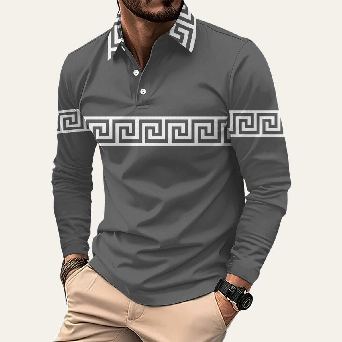 Somerset Greek key long sleeve polo shirt in Grey