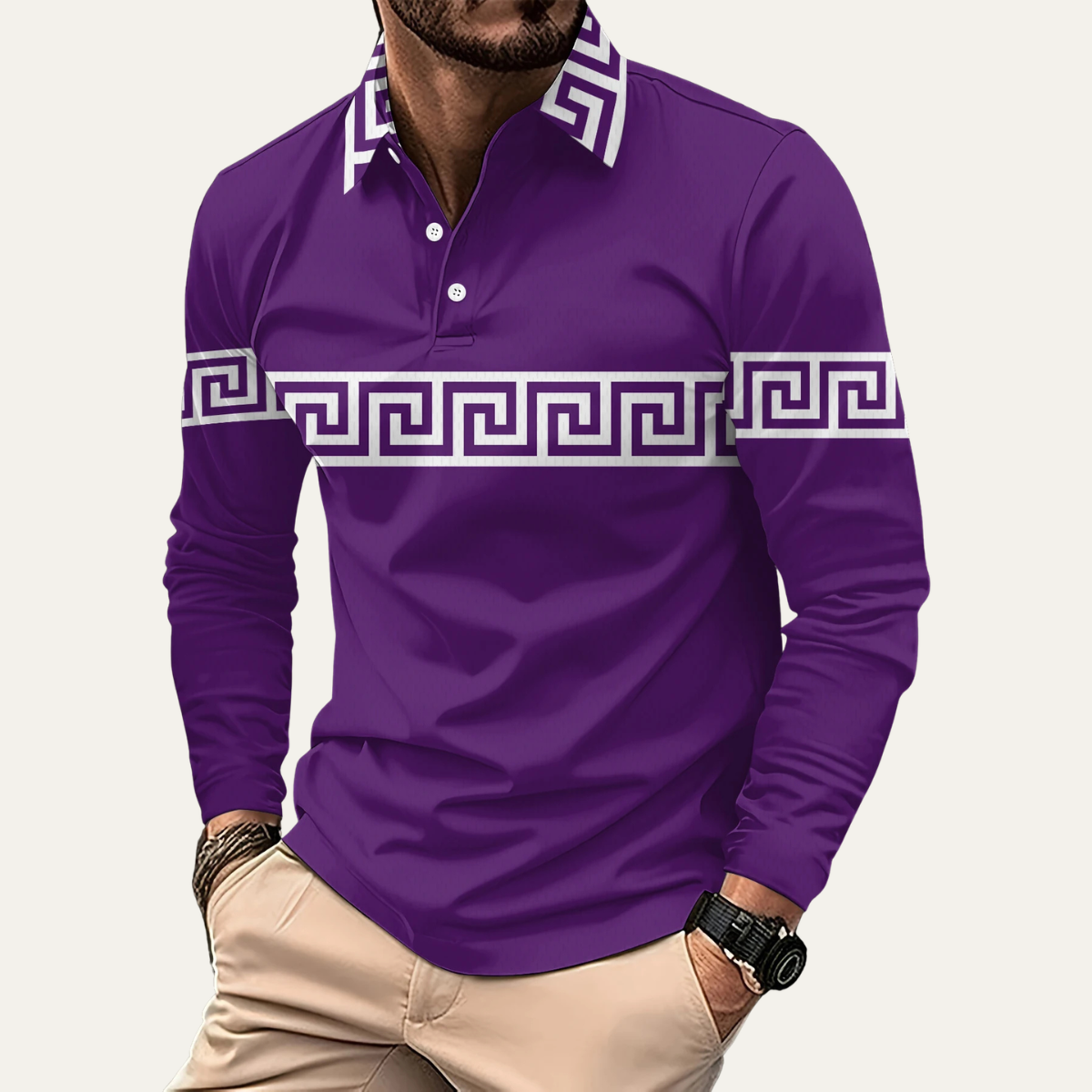 Somerset Greek key long sleeve polo shirt in Dark Purple