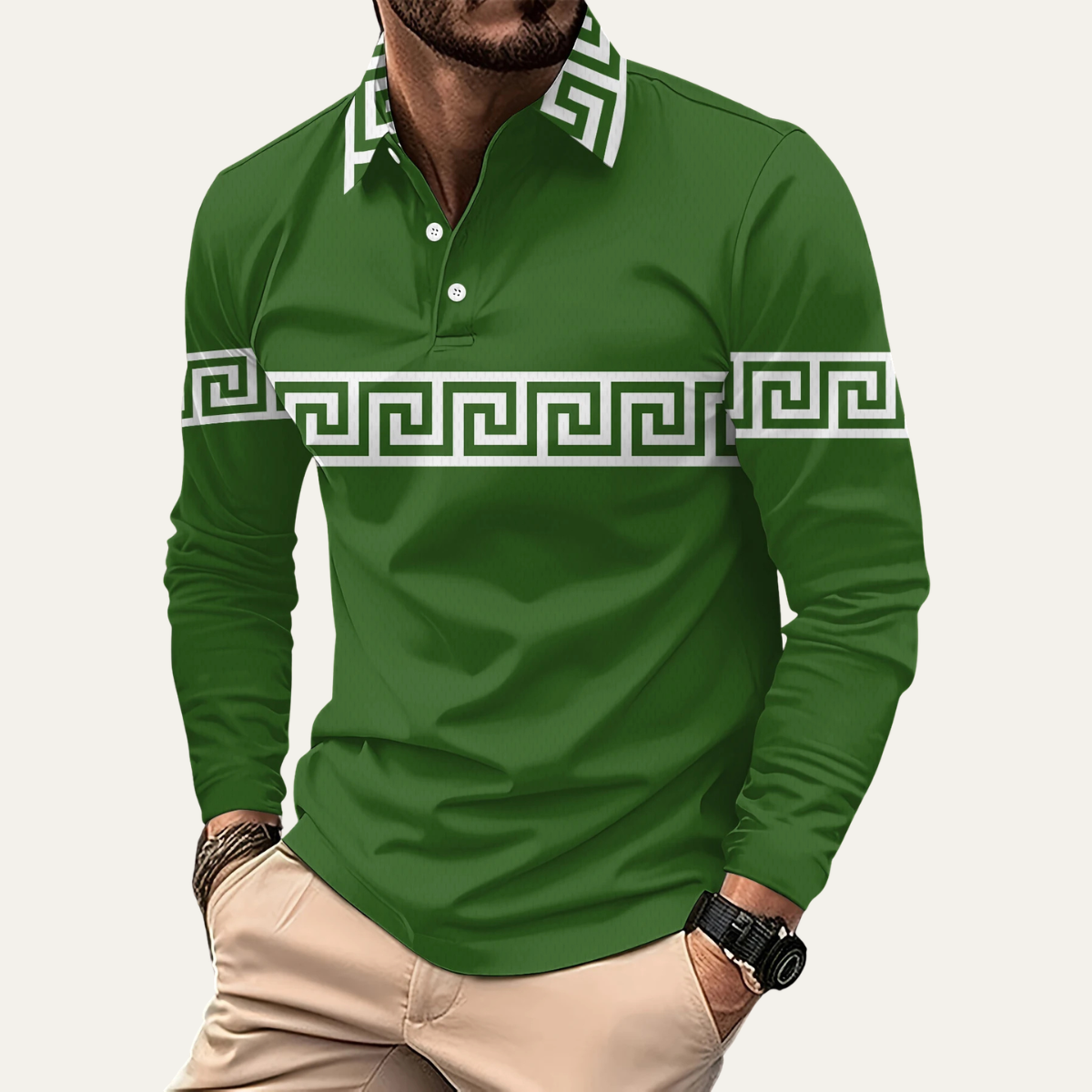 Somerset Greek key long sleeve polo shirt in Green