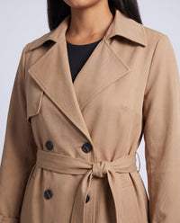 Bridget longline belted trench coat in Mocha - detail close-up
