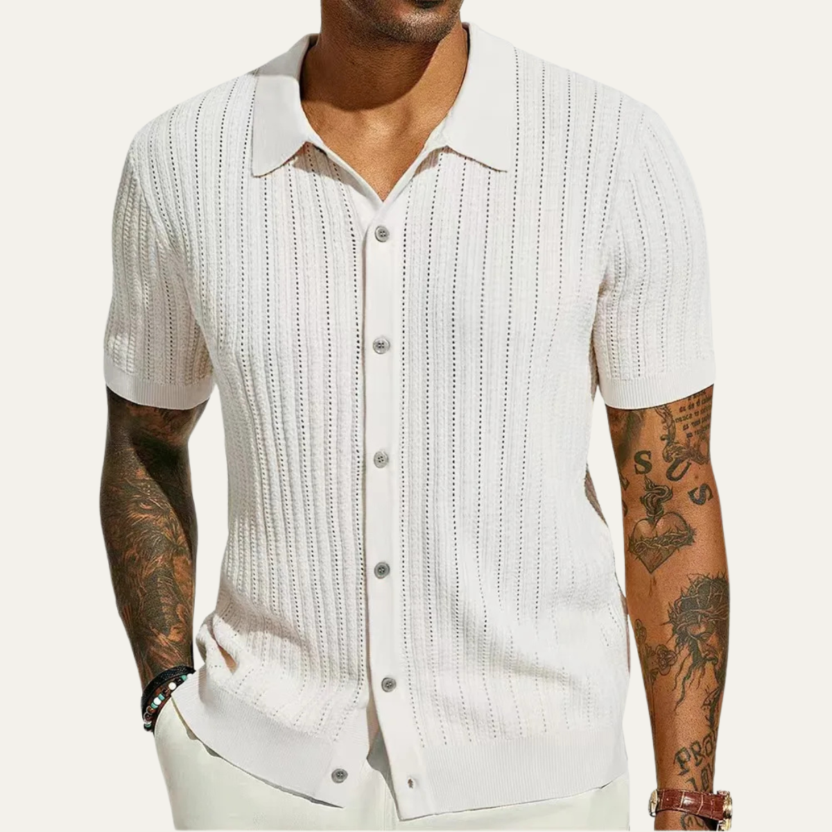 Hollis ribbed knit button-up shirt in White