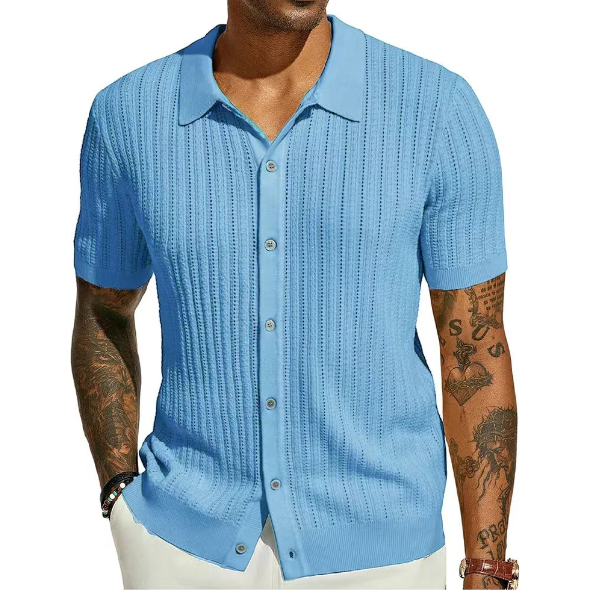 Hollis ribbed knit button-up shirt in Light Blue