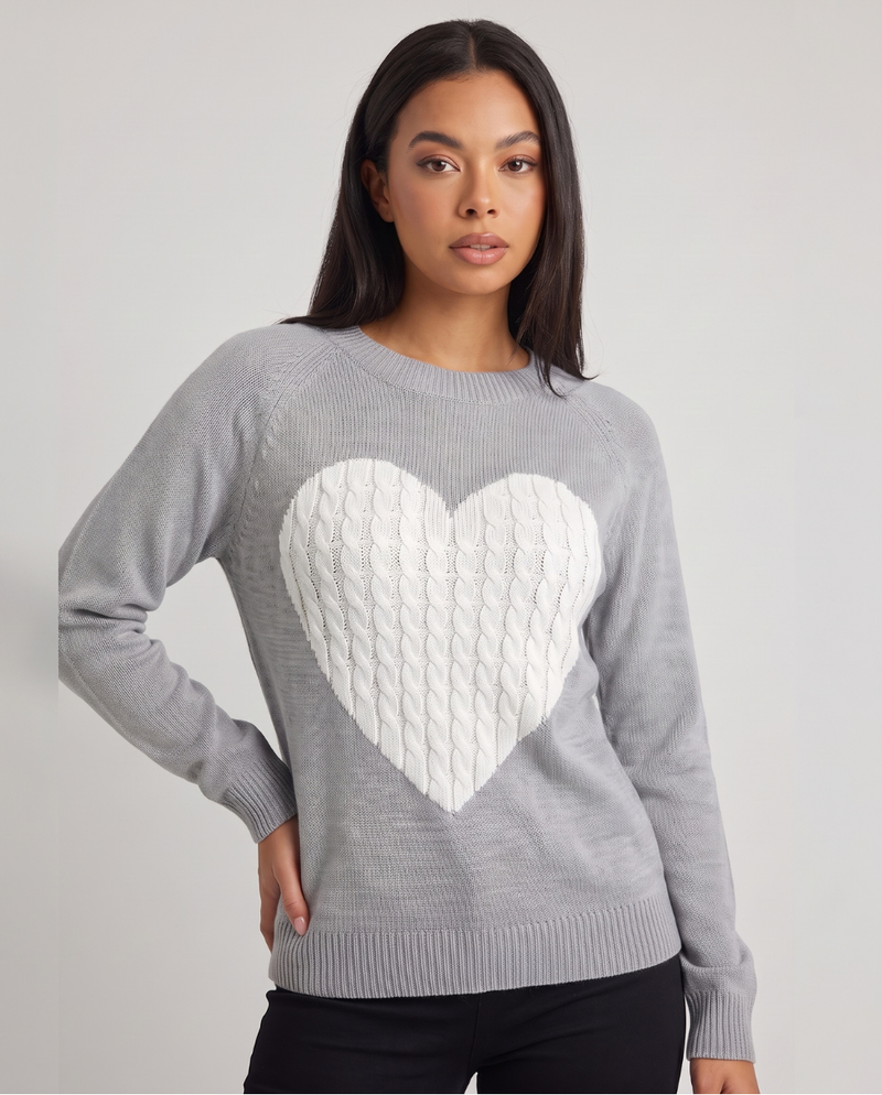Serafina | Women's Heart Motif Crew Neck Jumper Grey