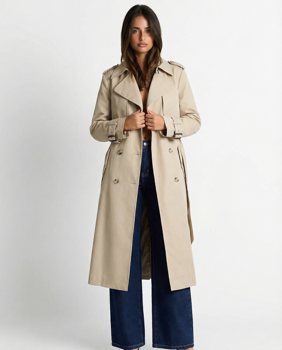 Thea | Belted Trench Coat Cream Long Double Breasted