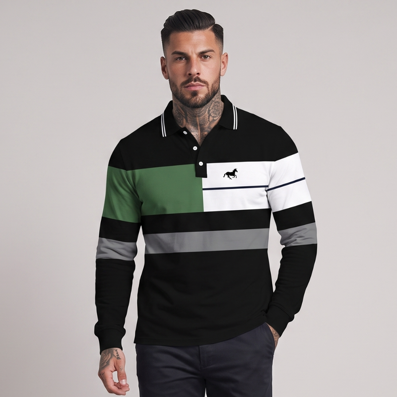 Dane | Men's Striped Colour Block Polo Shirt Black Green White