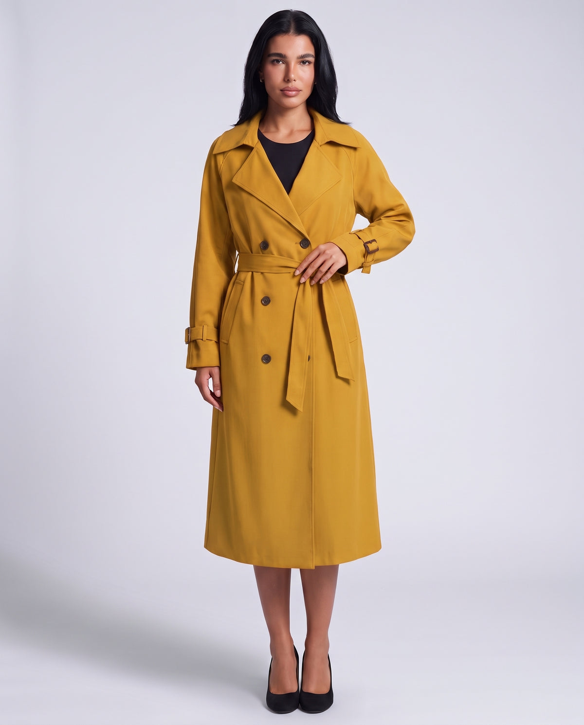 Marlowe longline belted trench coat in Lemon Yellow - front