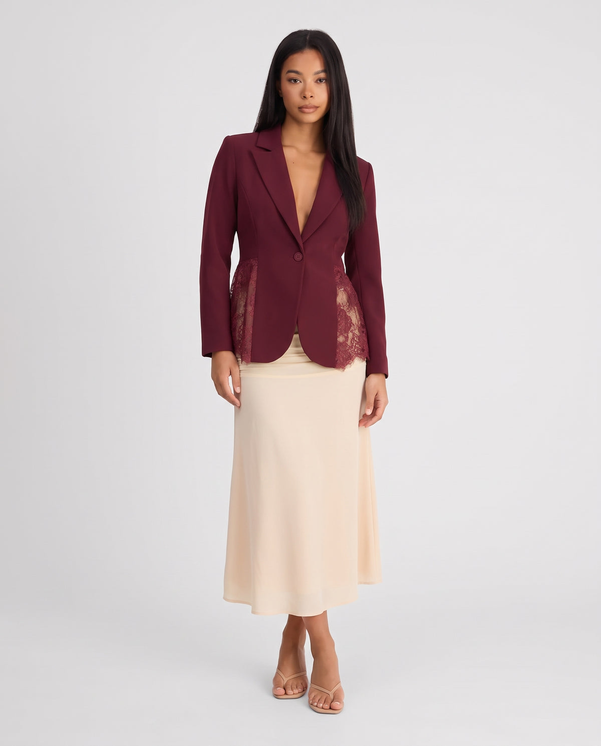 Imogen Lace Panel Tailored Blazer - Wine Red - front