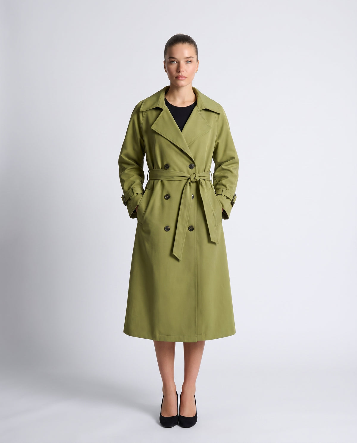 Saskia longline belted trench coat in Avocado - front
