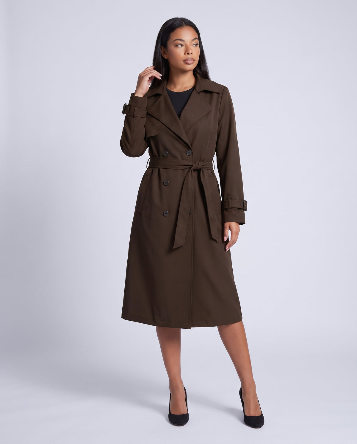 Bridget longline belted trench coat in Coffee - front