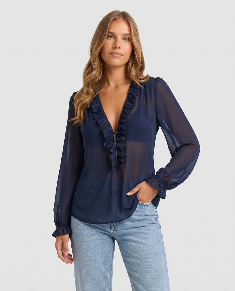 Ophelia Ruffle V Neck Blouse Navy