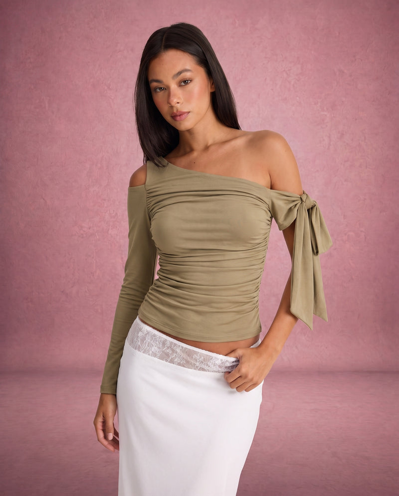 Emily One-Shoulder Ruched Asymmetric Sleeve Top Khaki