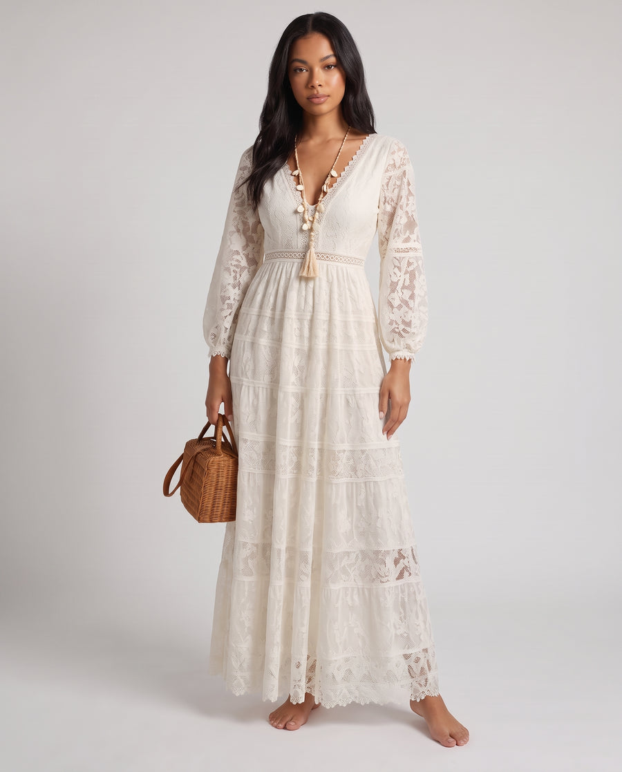 Adelaide | Women's Lace Maxi Dress Cream Long Sleeve V Neck