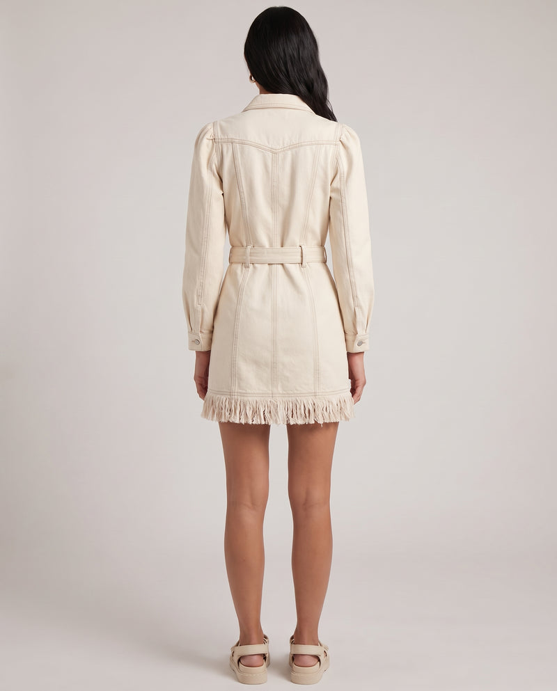 Cassidy Western Denim Fringe Mini Dress Cream - back