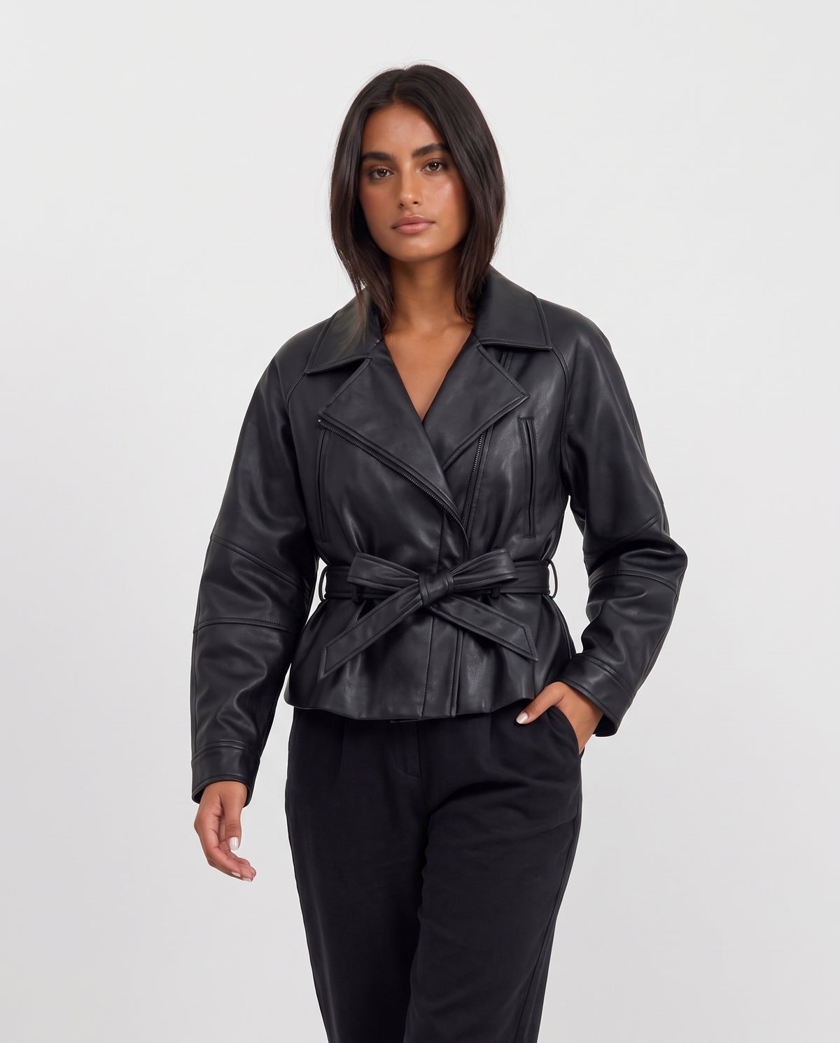 Amber cropped faux leather trench coat black