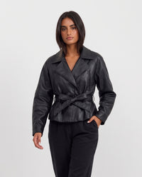Amber cropped faux leather trench coat black