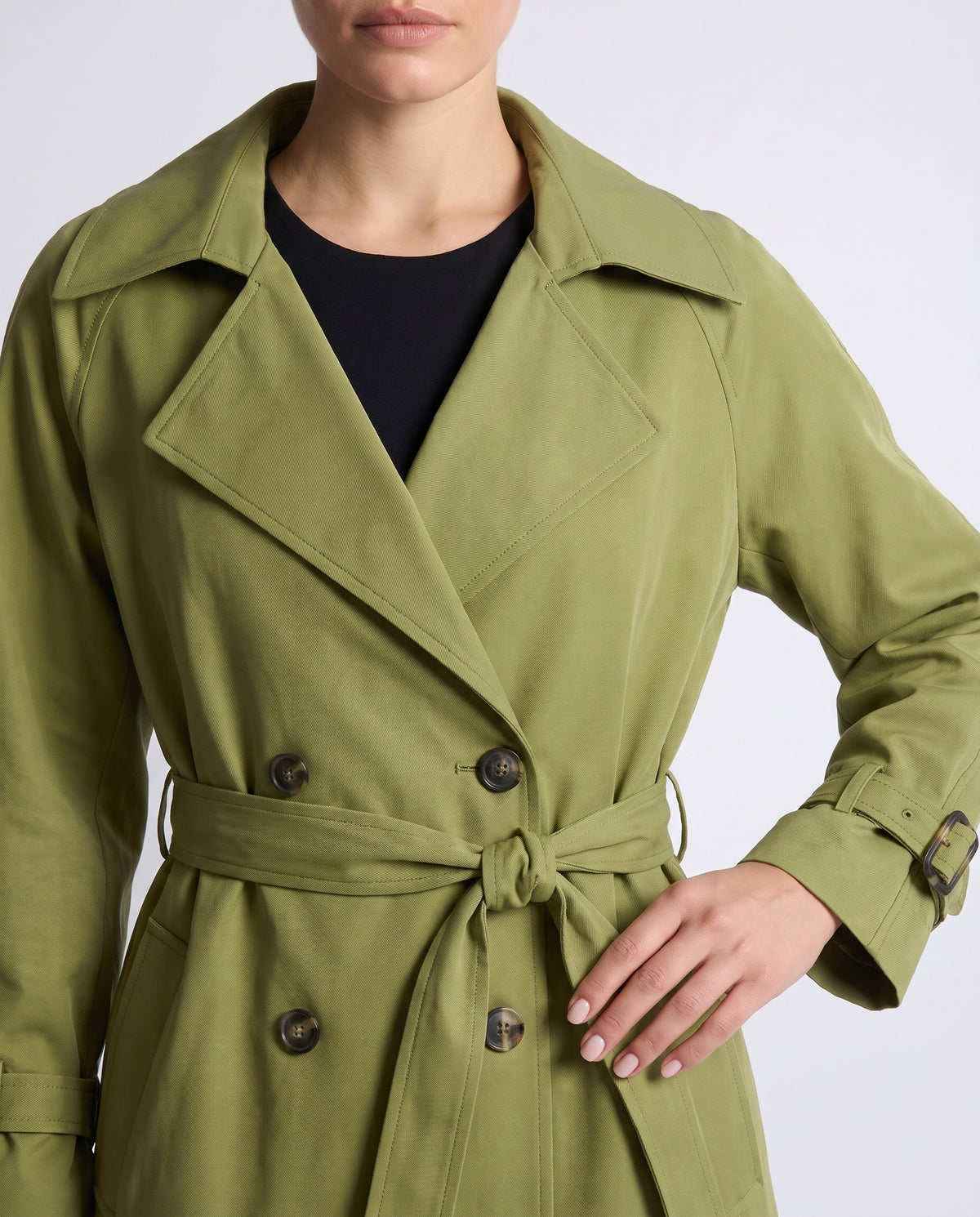 Saskia longline belted trench coat in Avocado - detail close-up