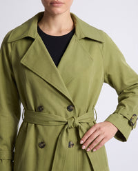 Saskia longline belted trench coat in Avocado - detail close-up