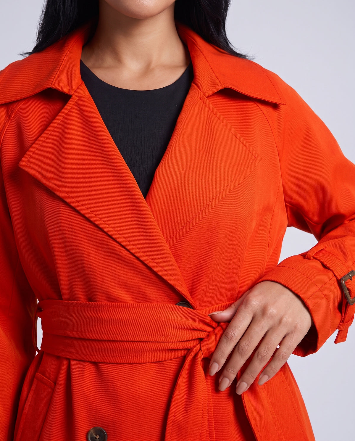Marlowe longline belted trench coat in Orange Red - detail close-up