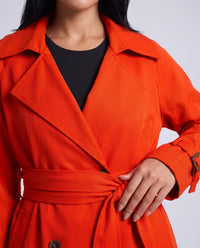 Marlowe longline belted trench coat in Orange Red - detail close-up