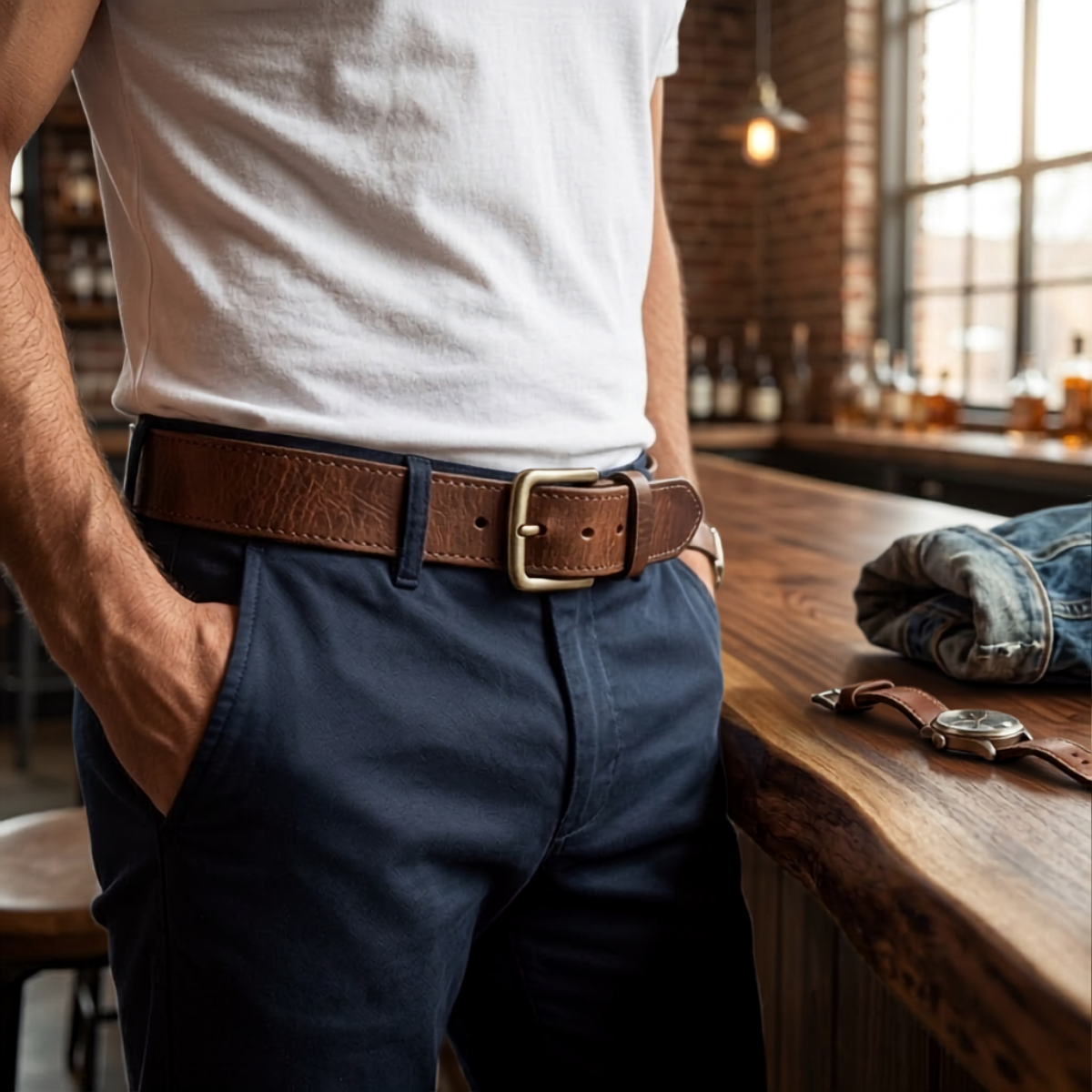 Elton | Thick Cowhide Leather Belt with Metal Pin Buckle