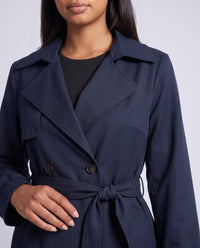 Bridget longline belted trench coat in Navy Blue - detail close-up