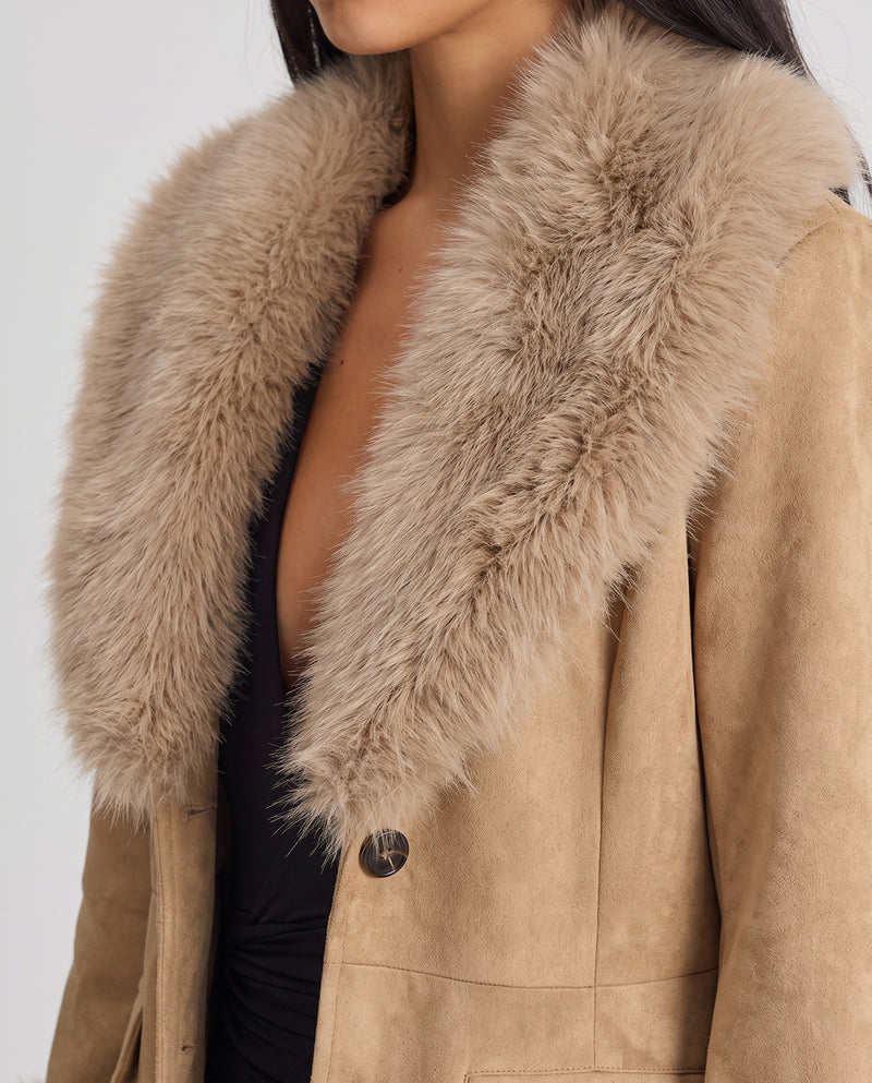 Primrose faux suede jacket faux fur collar detail
