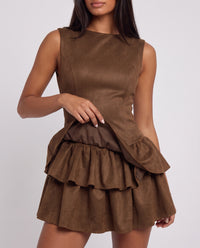 Georgia Tiered Ruffle Mini Dress - Brown - close-up
