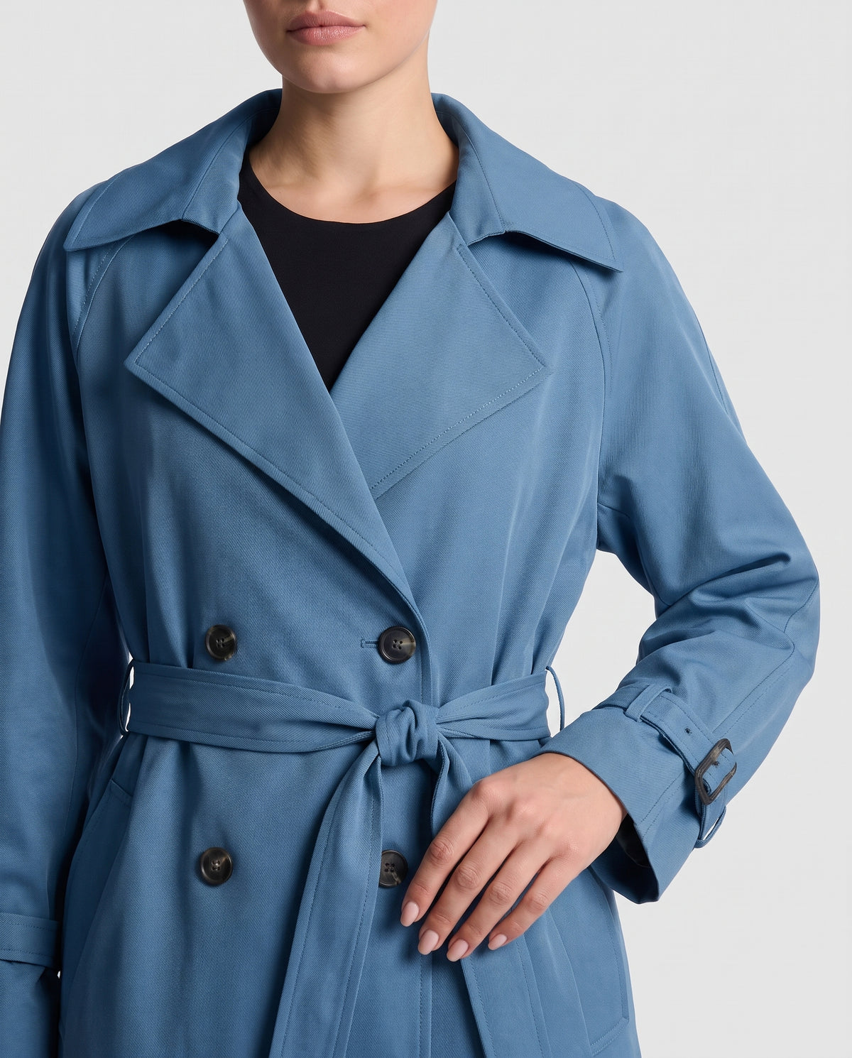 Saskia longline belted trench coat in Blue - detail close-up