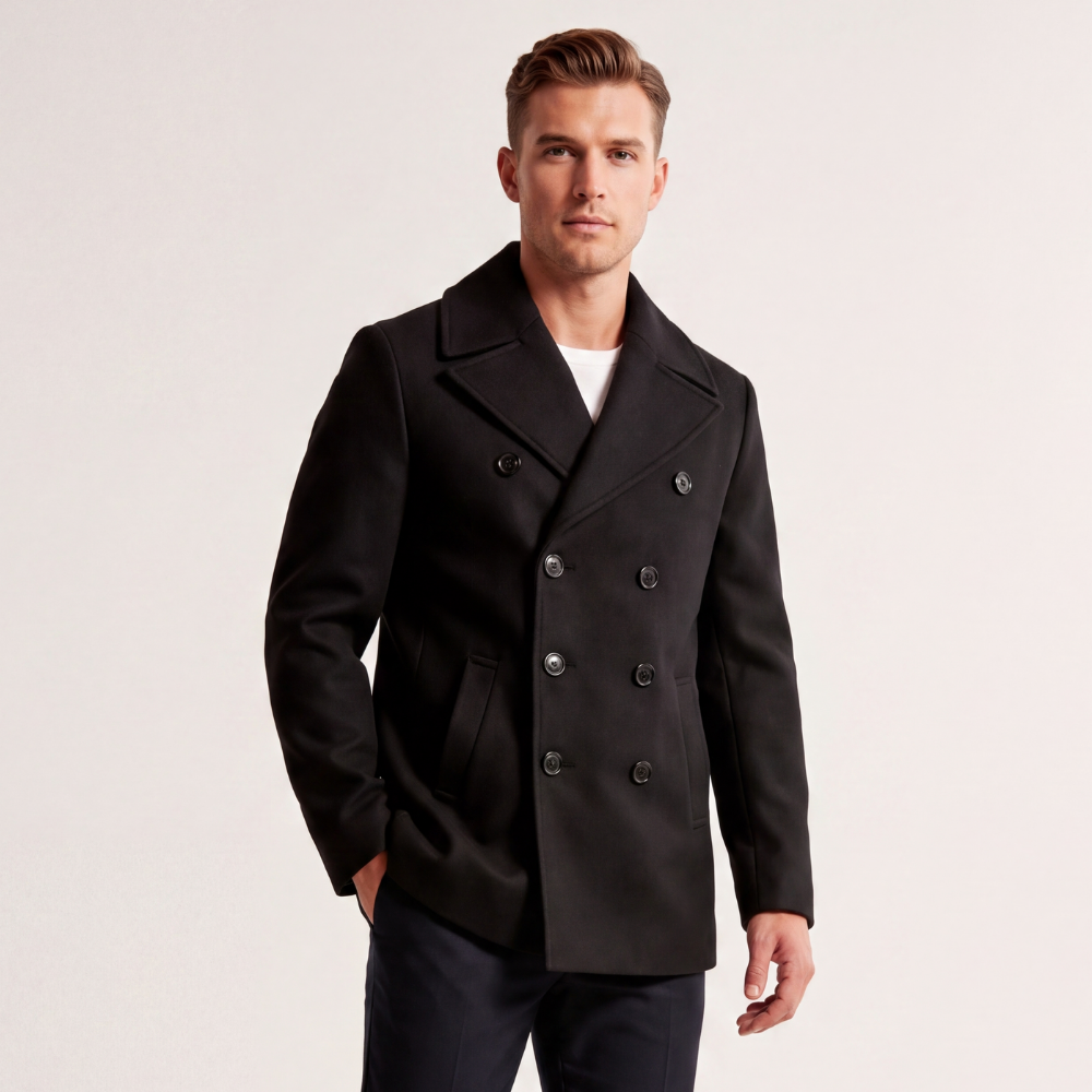 Rhys men's double breasted wool pea coat in Black