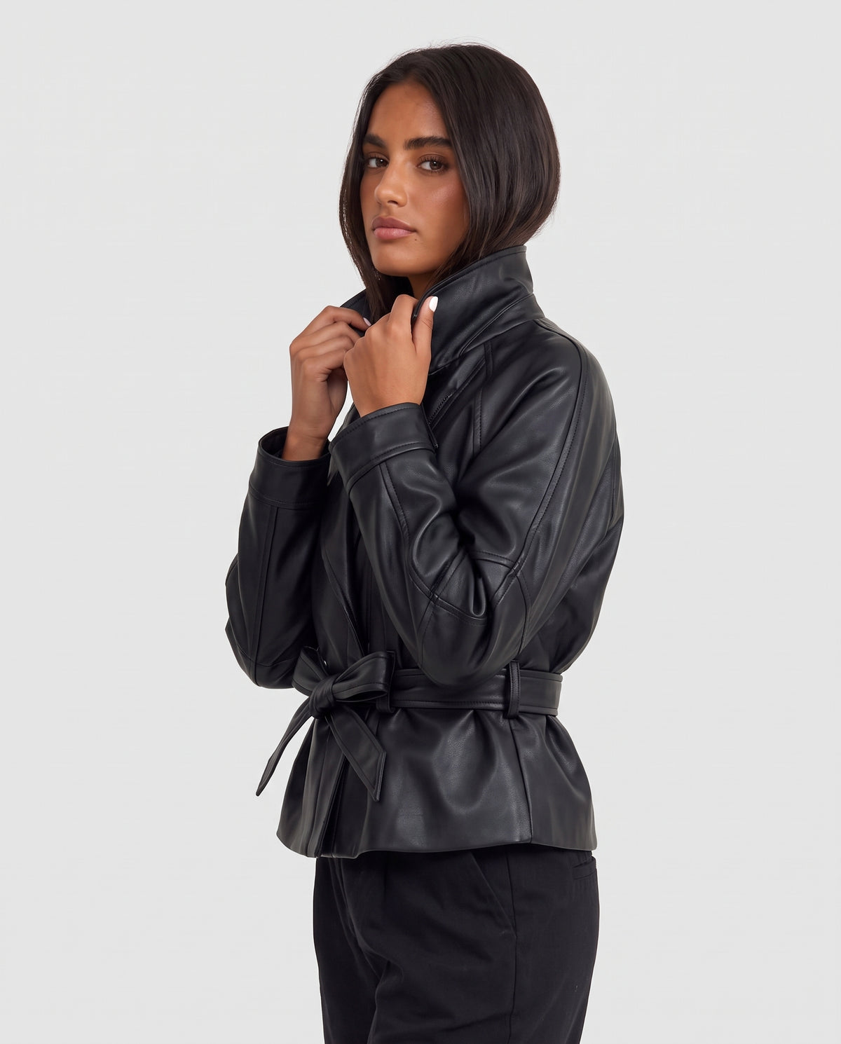 Amber cropped faux leather trench coat black side