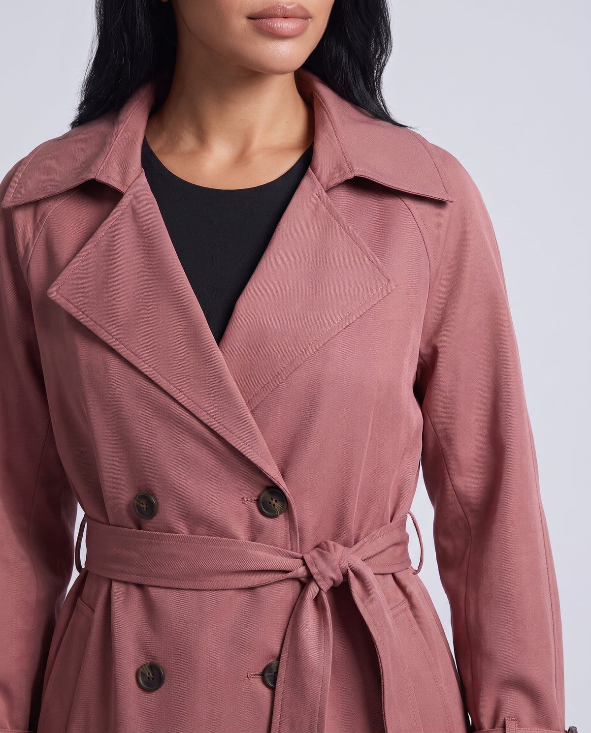 Marlowe longline belted trench coat in Pink - detail close-up