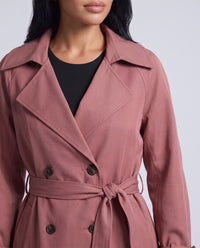 Marlowe longline belted trench coat in Pink - detail close-up