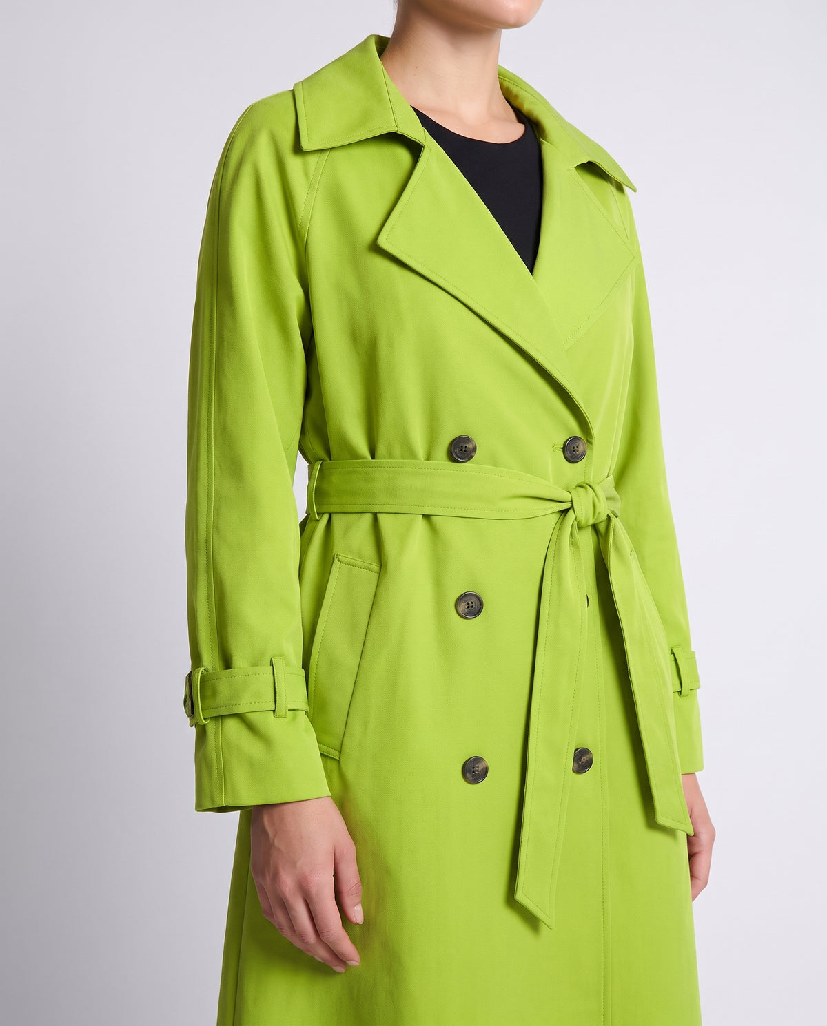 Saskia longline belted trench coat in Candy Green - detail close-up