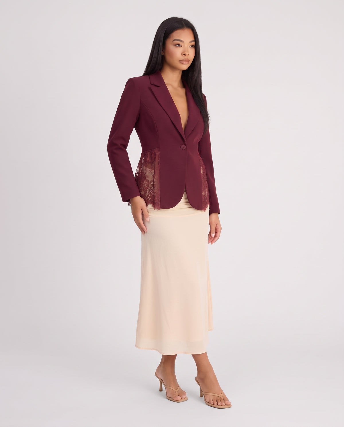 Imogen Lace Panel Tailored Blazer - Wine Red - pose