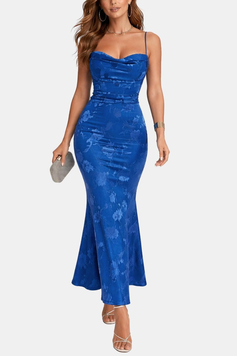 Spaghetti strap floral blue maxi dress, front view