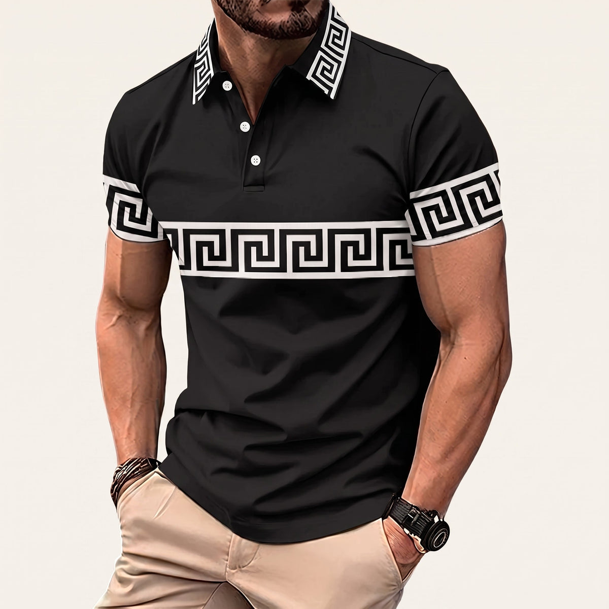 Somerset Greek key long sleeve polo shirt in Black