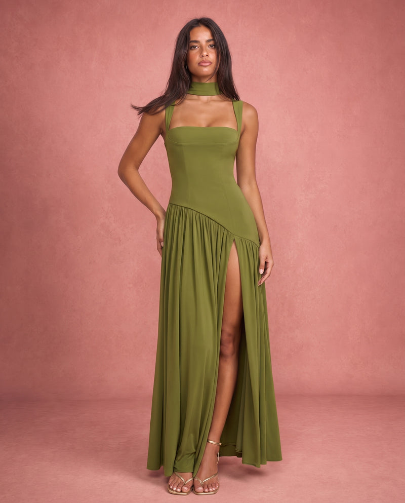 Violet | Satin-Feel Halter Neck Maxi Dress