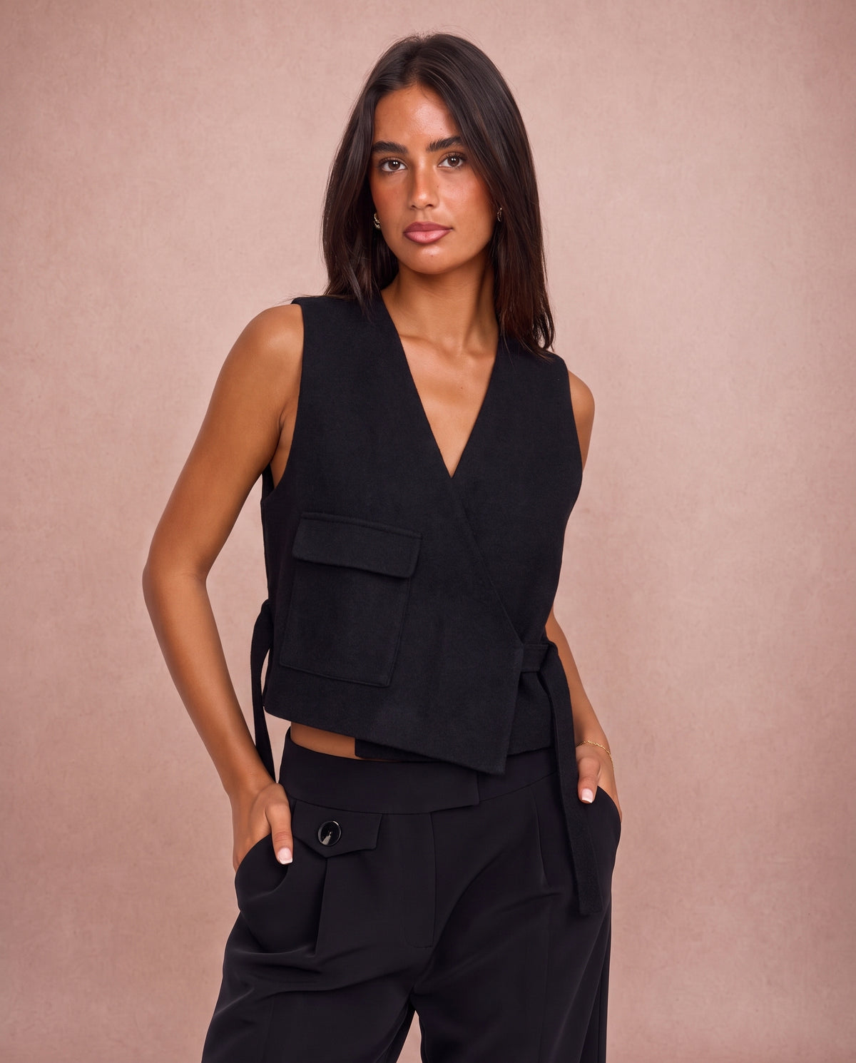 Mabel | Open Crochet Knit Tie-Front V-Neck Vest