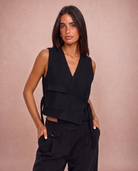 Mabel | Open Crochet Knit Tie-Front V-Neck Vest