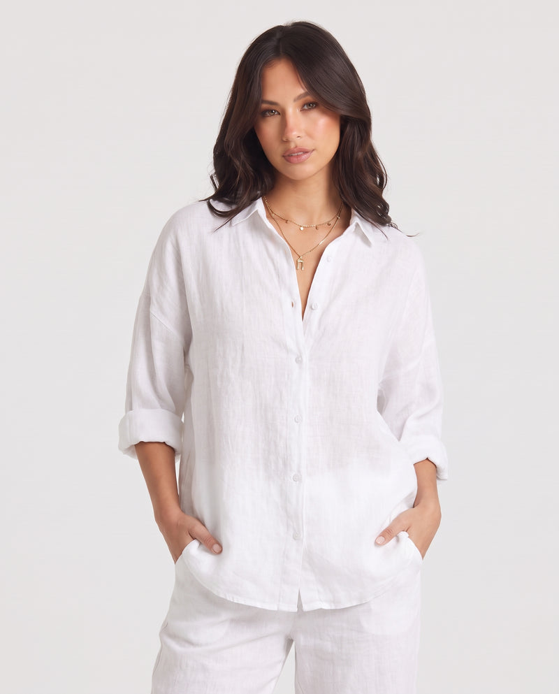 Vera | Women's Linen Button Down Blouse With Front Pockets