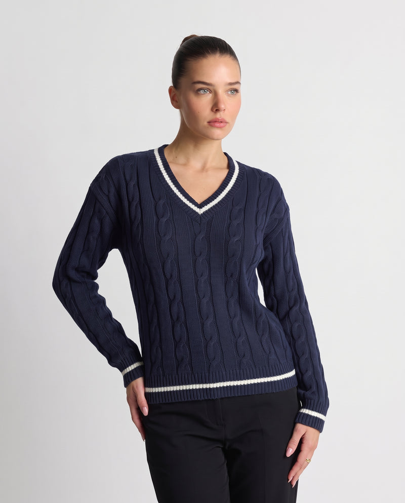 Bernadette | Women's Navy Blue V-Neck Cable Knit Jumper