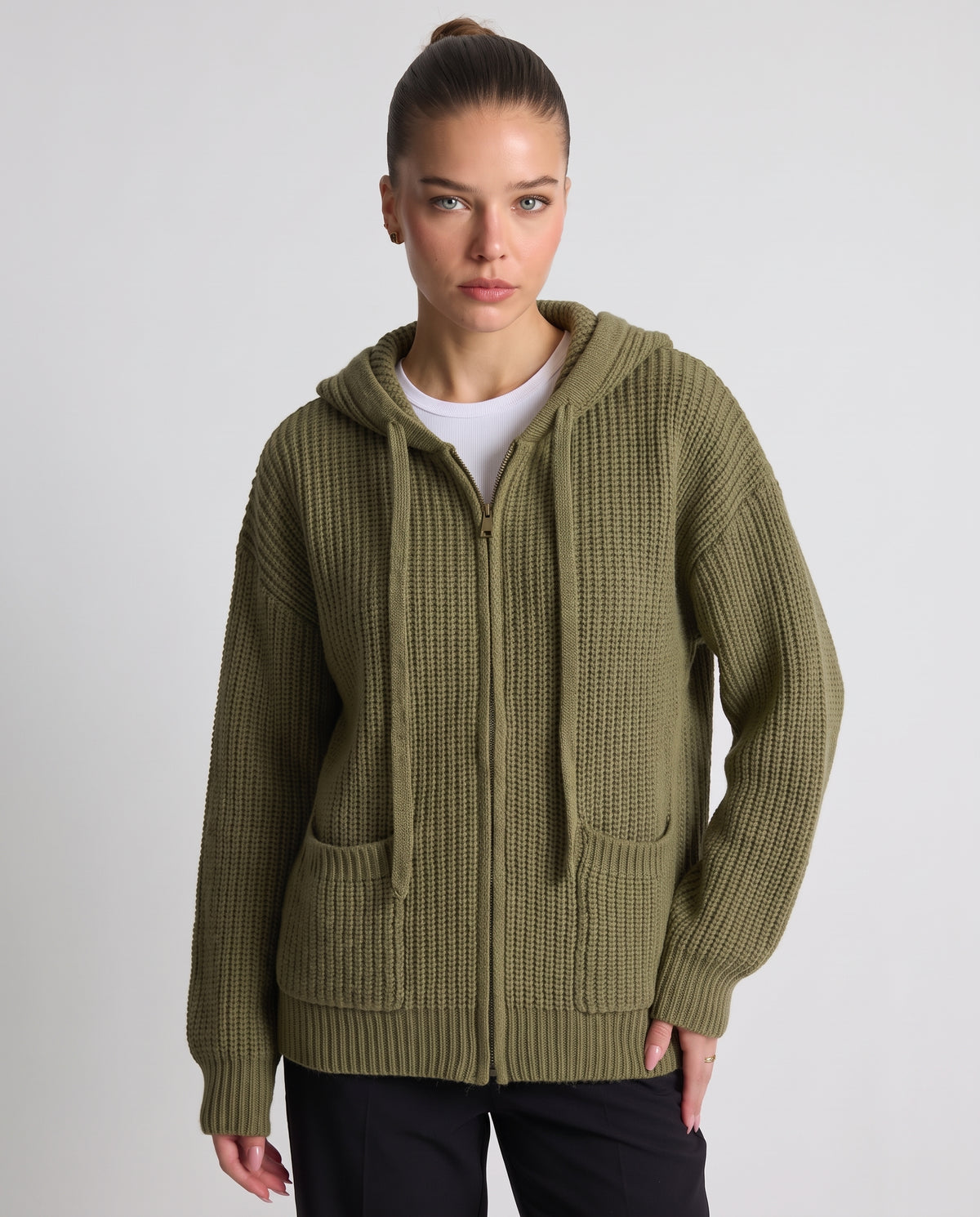Alvina | Women's Zip-Up Hooded Cardigan in Green and Black