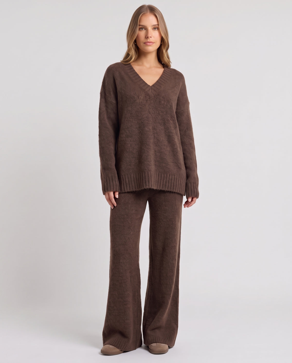 Alessia | Women's V-Neck Knit Jumper and Wide Leg Trousers Set