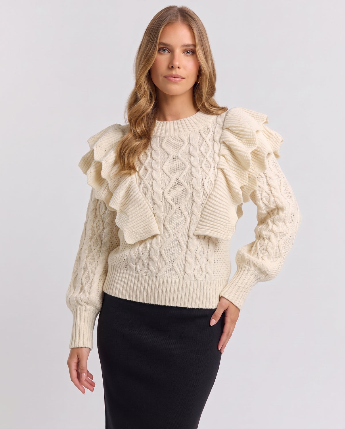 Elettra | Women's Ruffle Cable Knit Long Sleeve Jumper
