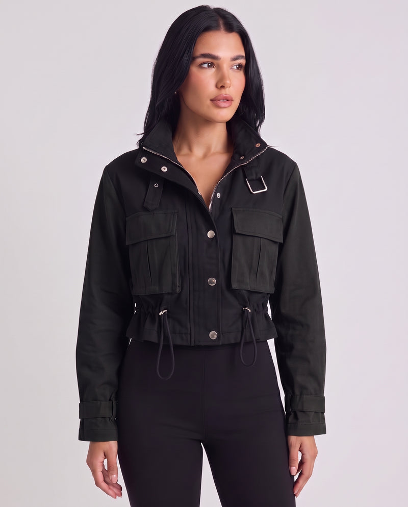 Honoria | Women's Cropped Button-Down Utility Jacket in Black and Army